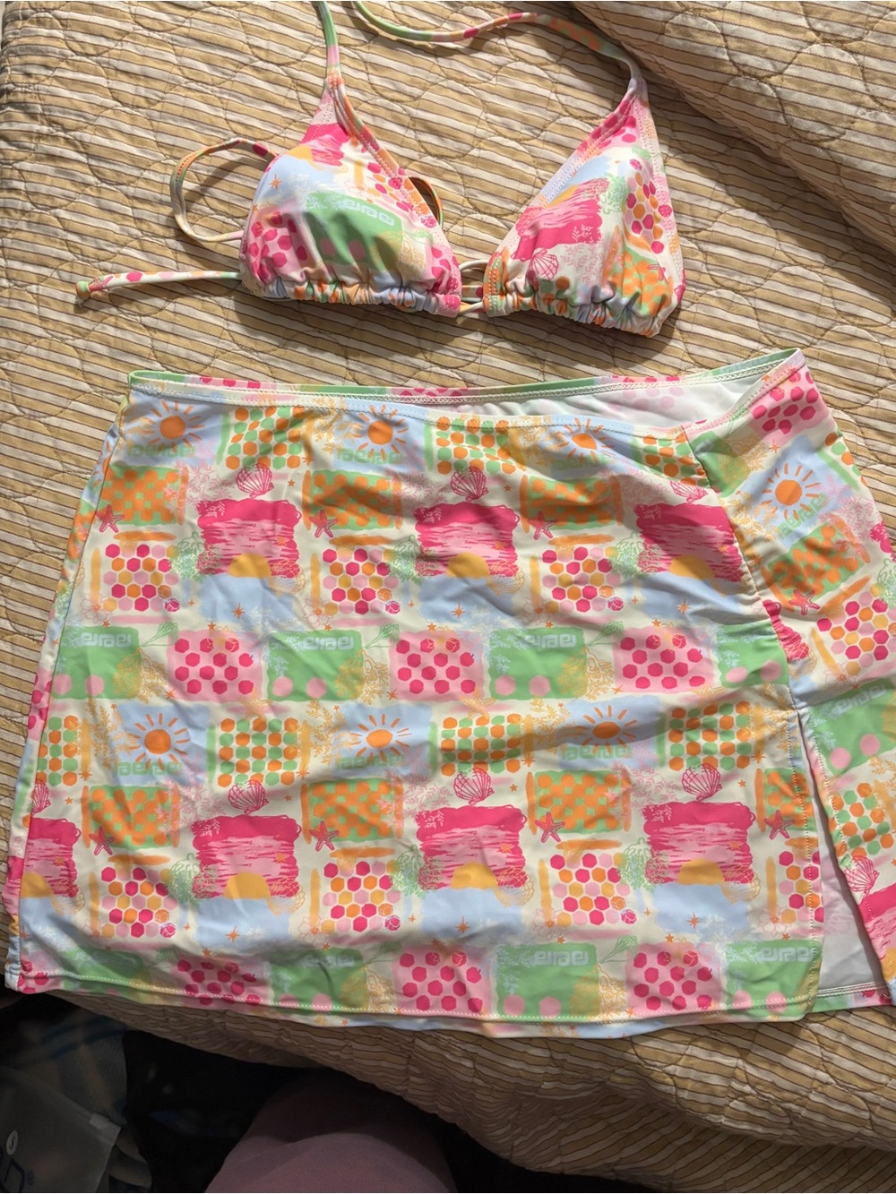 Cabana del Sol Colorful Patterned Bikini Top (Small) with Skirt Cover-Up (Large)